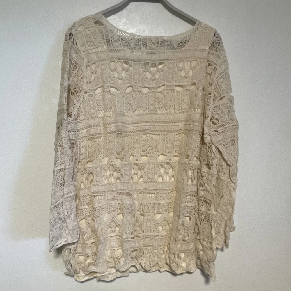 Indigo Thread Co Womans Crochet Blouse Pullover Size 2X Ivory NEW